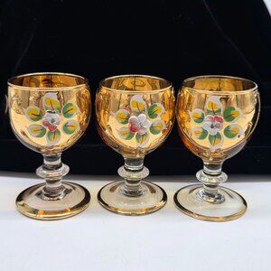 Bohemian Czech Glass Enamel Gold Floral Design Cordial Glasses Liquor Set of 3